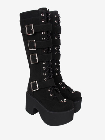 ゴシック ロリータ ブーツ PU レザー PU ラウンドトゥ ブラック ロリータ フットウェア