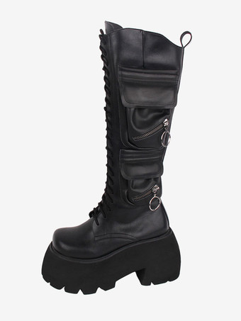 ゴシック ロリータ ブーツ PU レザー PU ラウンドトゥ ブラック ロリータ フットウェア