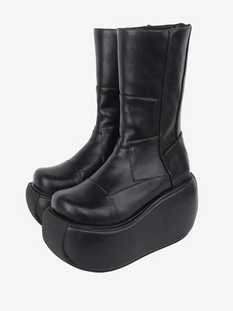 ブラック ゴシック ロリータ ブーツ ブラック PU ラウンド トゥ PU レザー ロリータ シューズ