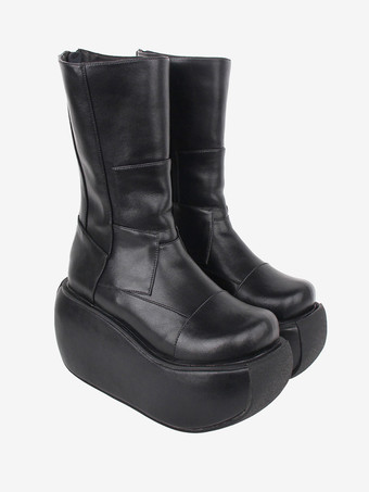 ゴシック ロリータ ブーツ ブラック PU ラウンド トゥ PU レザー ロリータ シューズ