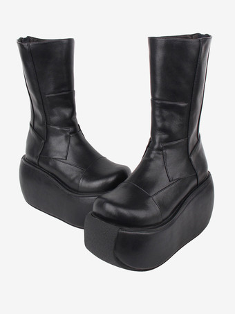 ゴシック ロリータ ブーツ ブラック PU ラウンド トゥ PU レザー ロリータ シューズ