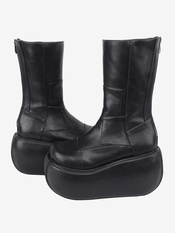 ゴシック ロリータ ブーツ ブラック PU ラウンド トゥ PU レザー ロリータ シューズ