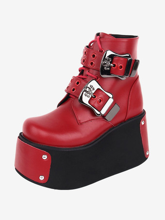 ゴシック ロリータ ブーツ レッド ラウンド トゥ PU レザー ロリータ シューズ