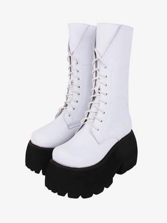 ホワイト ゴシック ロリータ ブーツ ホワイト PU ラウンド トゥ PU レザー ロリータ シューズ
