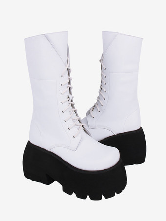 ゴシック ロリータ ブーツ ホワイト PU ラウンド トゥ PU レザー ロリータ シューズ