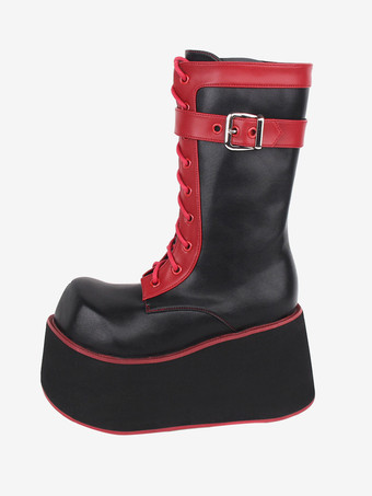 Bottes Lolita gothiques Chaussures Lolita en cuir PU à bout rond en PU noir