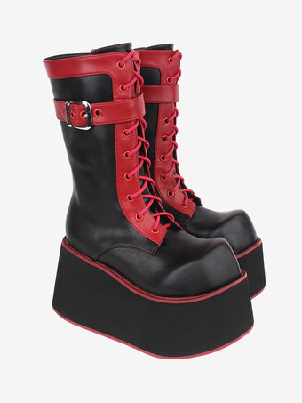 Bottes Lolita gothiques Chaussures Lolita en cuir PU à bout rond en PU noir