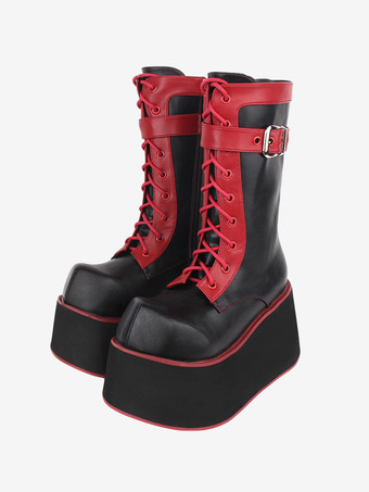 noir Bottes Lolita gothiques Chaussures Lolita en cuir PU à bout rond en PU noir