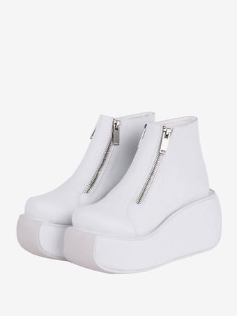 ゴシック ロリータ靴ホワイト レースアップ PU レザー ウェッジ ヒール