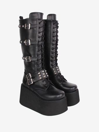 ゴシックロリータ ブーツ ブラック グロメット ツートン ラウンド トゥ PU レザー ロリータ フットウェア