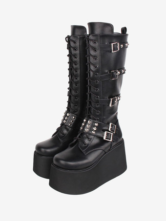 ブラック ゴシックロリータ ブーツ ブラック グロメット ツートン ラウンド トゥ PU レザー ロリータ フットウェア