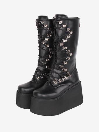 スチームパンクロリータブーツブラックラウンドトゥPUレザーロリータ靴 スチーム パンクなロリータ ブーツ PU レザー ラウンド トゥ ブラック