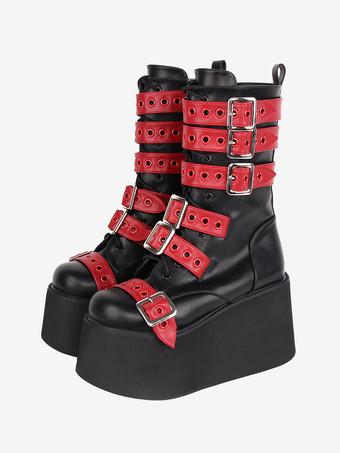 Gothic Lolita Boots PU Leather Two Tone Grommets Round Toe Black