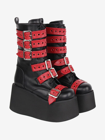 ゴシック ロリータ ブーツ PU レザー ツートン グロメット ラウンド トゥ ブラック ロリータ フットウェア