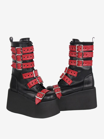 ゴシック ロリータ ブーツ PU レザー ツートン グロメット ラウンド トゥ ブラック ロリータ フットウェア