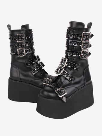 ゴシック ロリータ ブーツ PU レザー ツートン グロメット ラウンド トゥ ブラック ロリータ フットウェア