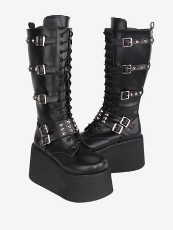 ゴシックロリータ ブーツ ブラック グロメット ツートン ラウンド トゥ PU レザー ロリータ フットウェア