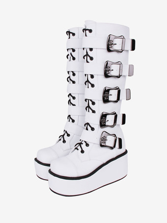 blanco Botas góticas de Lolita Cuero de PU Ojales de dos tonos Punta redonda Calzado de Lolita blanco