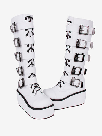 Botas góticas de Lolita Cuero de PU Ojales de dos tonos Punta redonda Calzado de Lolita blanco