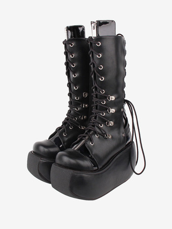 Готические сапоги Лолита Двухцветные кожаные люверсы из искусственной кожи Круглый носок Черная обувь Лолита
