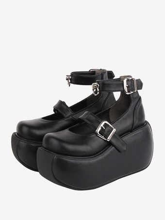 ブラック ゴシック ロリータ フットウェア ブラック グロメット PU レザー ウェッジ ヒール ロリータ シューズ