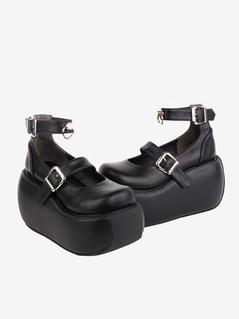 ゴシック ロリータ フットウェア ブラック グロメット PU レザー ウェッジ ヒール ロリータ シューズ