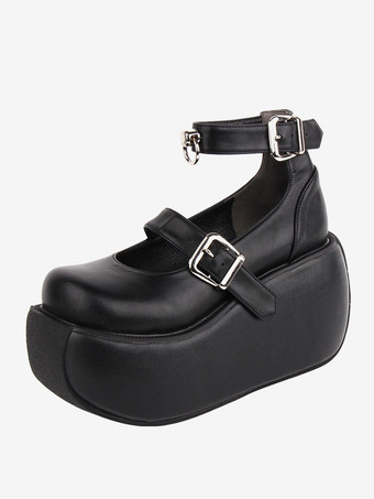 ゴシック ロリータ フットウェア ブラック グロメット PU レザー ウェッジ ヒール ロリータ シューズ