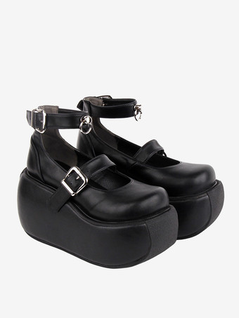 ゴシック ロリータ フットウェア ブラック グロメット PU レザー ウェッジ ヒール ロリータ シューズ