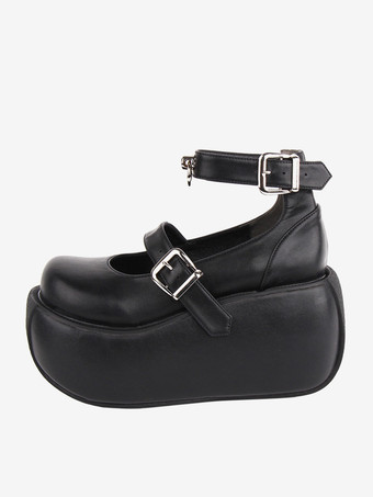 ゴシック ロリータ フットウェア ブラック グロメット PU レザー ウェッジ ヒール ロリータ シューズ