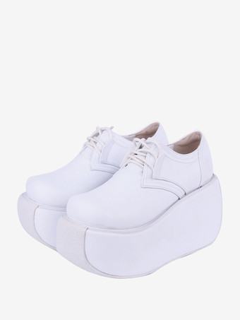 ホワイト ゴシック ロリータ フットウェア ホワイト PU レザー ウェッジ ヒール ロリータ パンプス