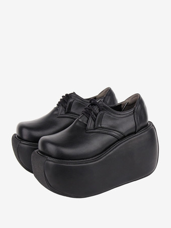 ブラック ゴシック ロリータ フットウェア ホワイト PU レザー ウェッジ ヒール ロリータ パンプス