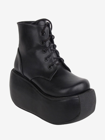 ゴスロリブーツ ブラック ラウンドトゥ PU レザー ロリータ プラットフォーム 靴 アンクルブーツ