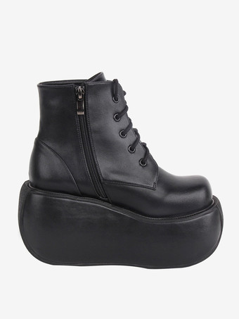 ゴスロリブーツ ブラック ラウンドトゥ PU レザー ロリータ プラットフォーム 靴 アンクルブーツ