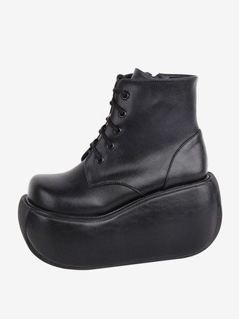 ゴスロリブーツ ブラック ラウンドトゥ PU レザー ロリータ プラットフォーム 靴 アンクルブーツ