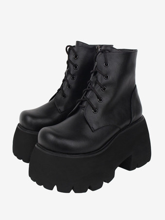 ブラック ゴシック ロリータ ブーツ ブラック ラウンド トゥ PU レザー ロリータ フットウェア