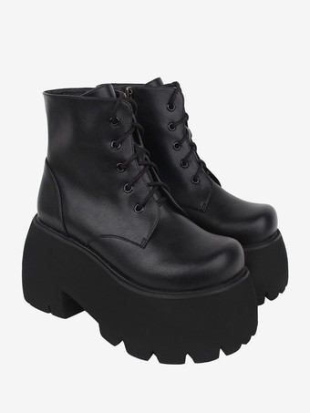 ゴシック ロリータ ブーツ ブラック ラウンド トゥ PU レザー ロリータ フットウェア