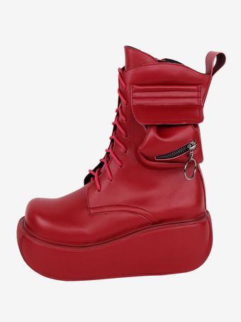 ゴシック ロリータ ブーツ レッド PU ラウンド トゥ PU レザー ロリータ シューズ