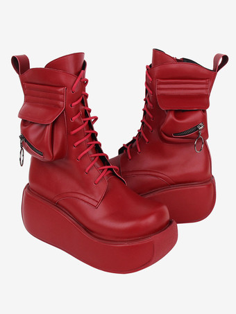 ゴシック ロリータ ブーツ レッド PU ラウンド トゥ PU レザー ロリータ シューズ