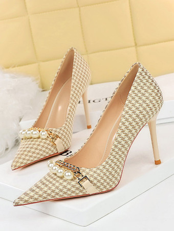 アプリコット女性用 ハイヒール チェック柄 パール パンプス シック ポインテッドトゥ スティレットヒール ポリエステル