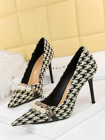 Women's High Heels Plaid Pearls Pumps Chic Pointed Toe Stiletto Heel Polyester