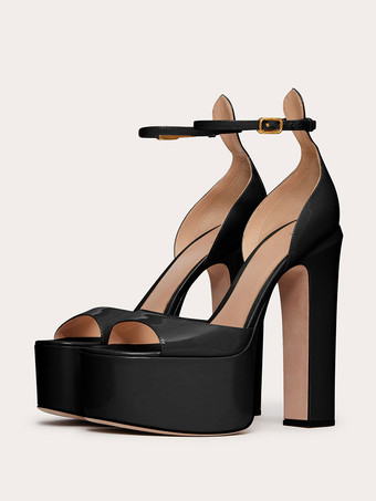 ブラック ヌードハイヒールサンダル プラットフォーム オープントゥ アンクルストラップ パーティー プロムシューズ