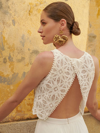 アイボリー ツーピース ウェディングドレス ストレッチクレープ スプリットフロント ジュエルネック Aライン トレーン バックレス ノースリーブ ブライダルセット