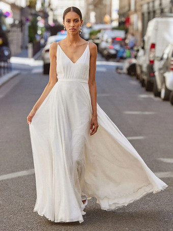 Simple Wedding Dress A-Line V-Neck Sleeveless Bridal Gowns