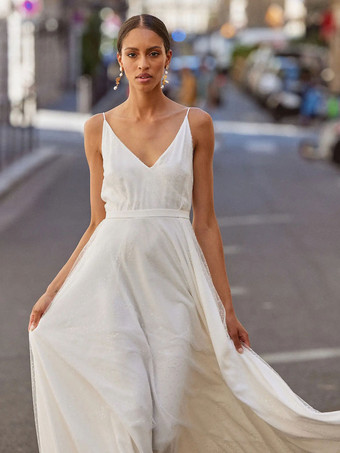 シンプルなウェディング ドレス A ライン V ネック ノースリーブ ブライダル ガウン