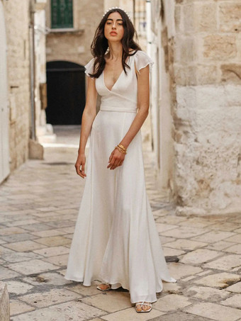 Простое свадебное платье A-Line с V-образным вырезом и короткими рукавами  свадебные платья с разрезом спереди