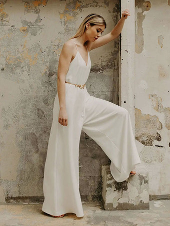 Ivory Bridal Jumpsuit 2024 Floor-Length A-Line V-Neck Sleeveless Wedding Jumpsuit