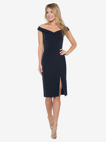 ダークネイビー誕生日パーティードレス オフショルダー ハイスリット ショートドレス