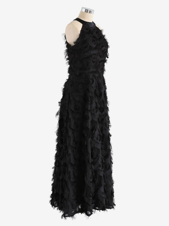 フェザーマキシドレス ホルターネック ノースリーブ Aライン エレガント プロムドレス