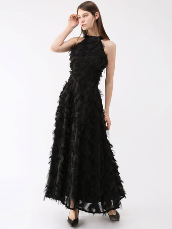 フェザーマキシドレス ホルターネック ノースリーブ Aライン エレガント プロムドレス