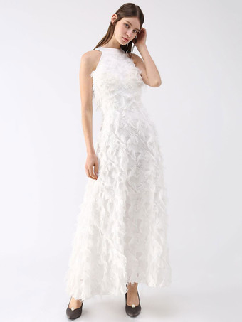 Feather Maxi Dress Halter Sleeveless A-Line Elegant Prom Dresses